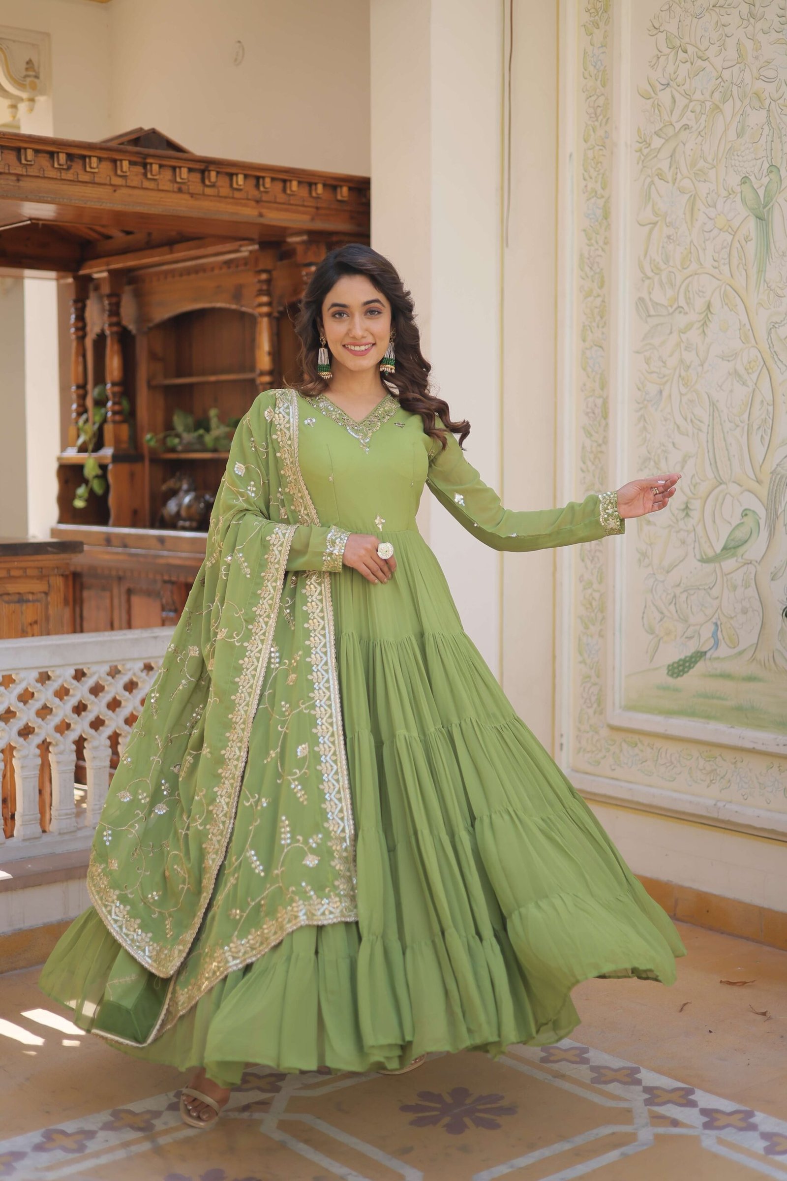 Green Faux Georgette Designer Gown with Sequined Dupatta ? Fully Flared Elegant Ready-to-Wear Set - Image 4
