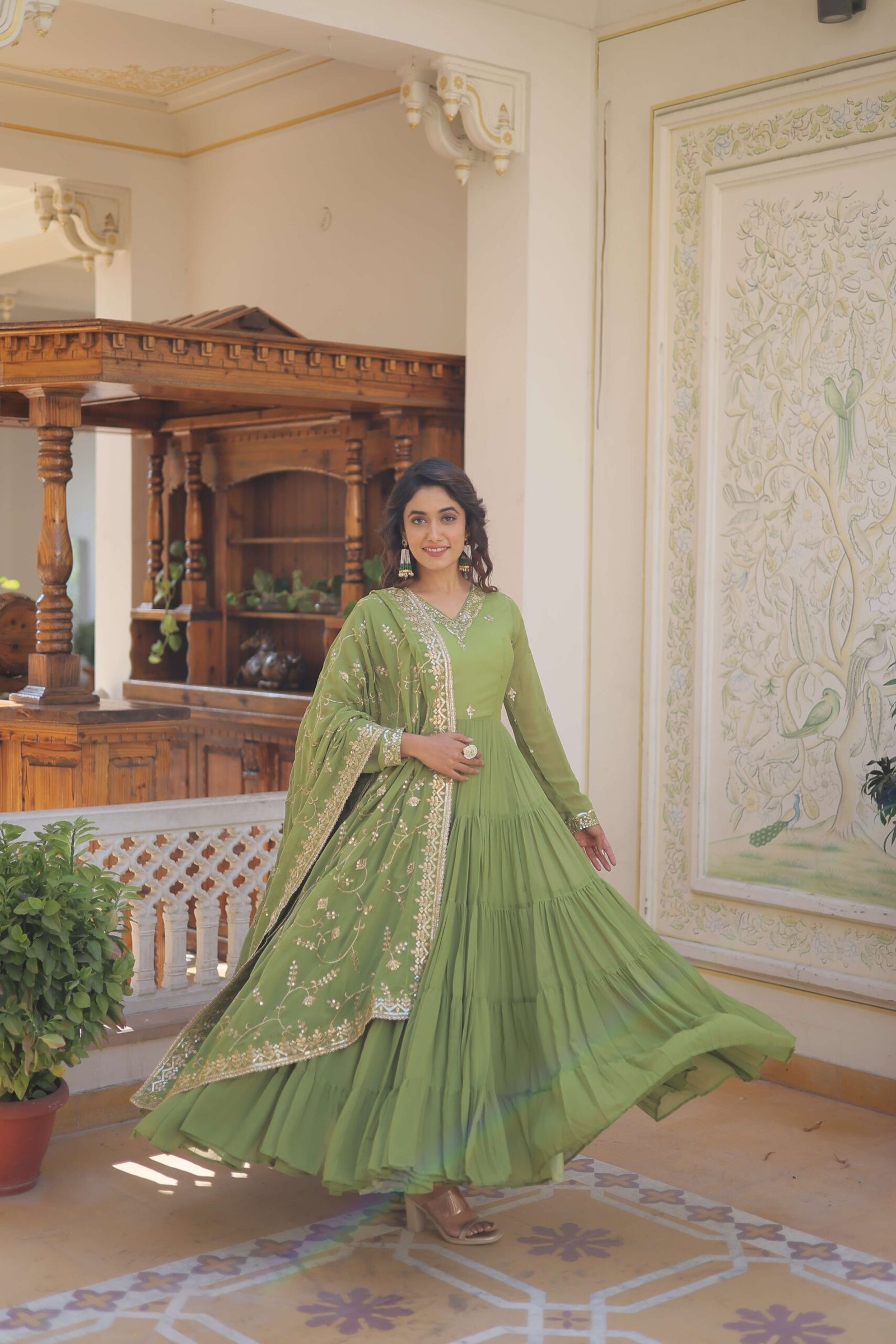 Green Faux Georgette Designer Gown with Sequined Dupatta ? Fully Flared Elegant Ready-to-Wear Set - Image 6